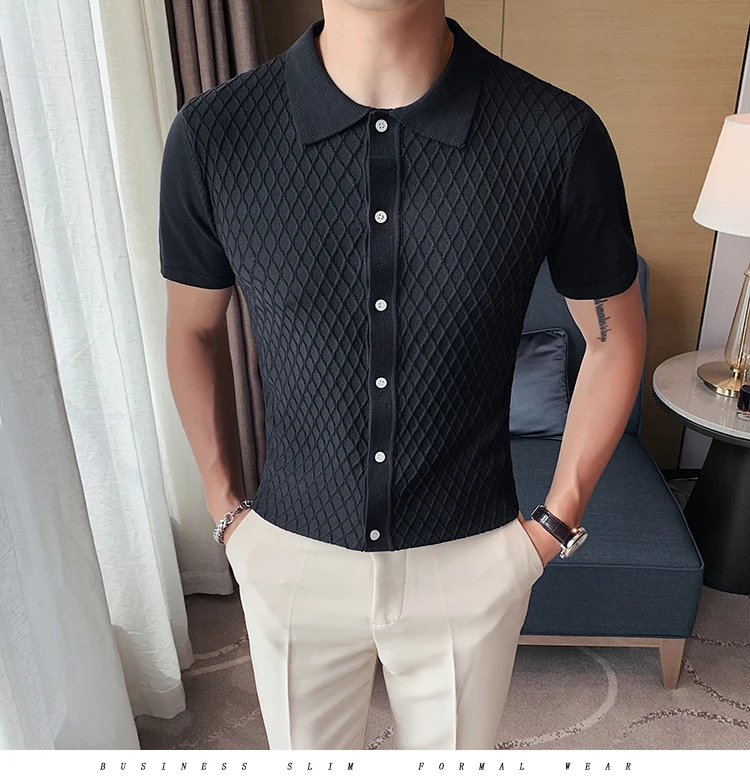 Polo de punto de rejilla de moda de estilo británico para hombre, ropa informal de manga corta con cuello vuelto Simple, ajustada, 2022 9 Hef6ac84e48b3417d8f88c11be779bbce6