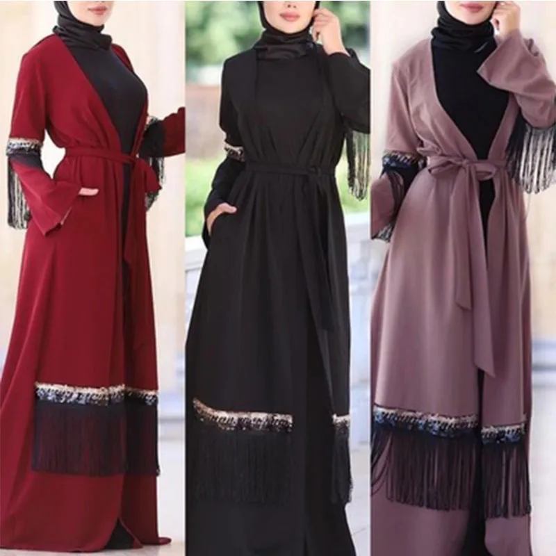 Мусульманское длинное кимоно кардиган с кисточками исламский халат одежда для