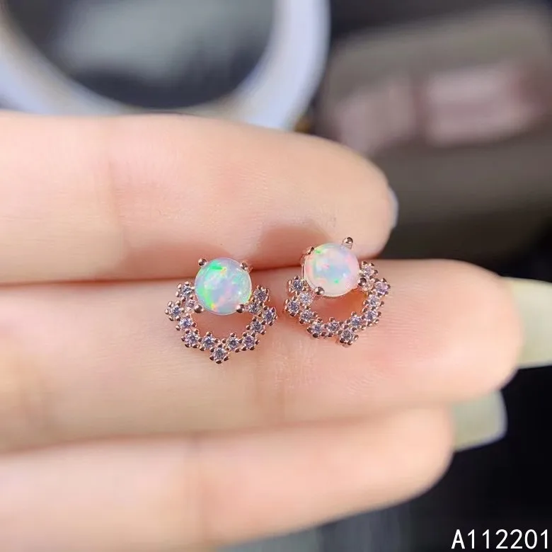 

Fine Jewelry 925 Sterling Silver Inset With Natural Gems Women's Luxury Vintage Round White Opal Earrings Ear Stud Support Detec