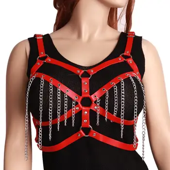 Sexy Chain Leather Lingerie Red Chest Straps Belt Steampunk Goth Hollow out Adjustable Dance Party Rave Women Crop Top Harness 
Sexy Chain Leather Lingerie Red Chest Straps Belt Steampunk Goth Hollow out Adjustable Dance Party Rave Women Crop Top Harness
