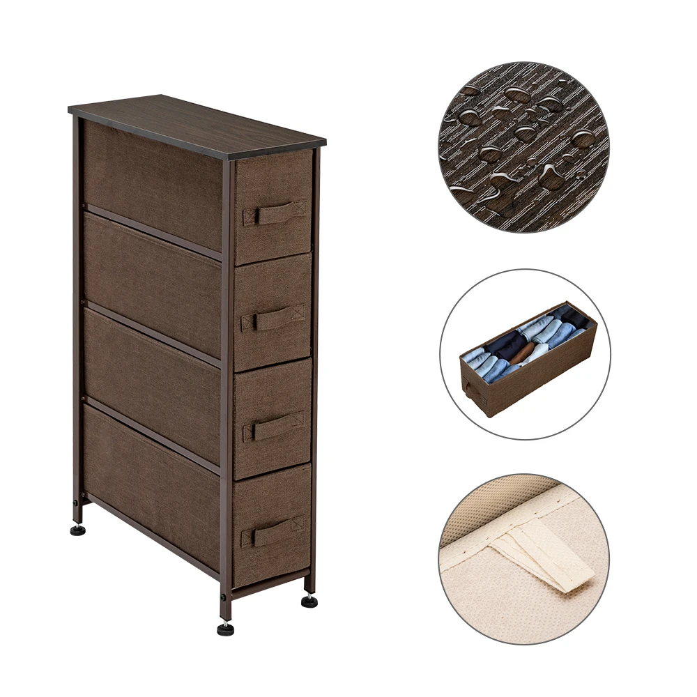 narrow dresser, vertical storage unit with 4 fabr