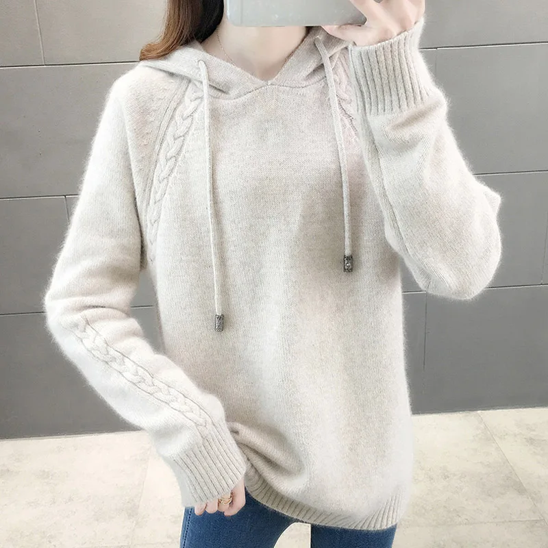 JMPRS Pullover Women Sweater Loose Knitted Hooded Long Sleeve Jumper Thick Solid Ladies Casual Winter 2021 Tops | Женская одежда