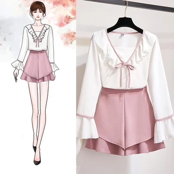 Sweet Suit Ruffles V-Neck Flare Sleeve Chiffon Blouse High Waist Wide-Legged Shorts Two-Pieces Women'S Clothing Sets
Sweet Suit Ruffles V-Neck Flare Sleeve Chiffon Blouse High Waist Wide-Legged Shorts Two-Pieces Women'S Clothing Sets