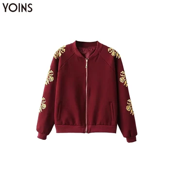

YOINS 2020 Autumn Winter Spring Women Bomber Jackets Burgundy Embroidery Stand Collar Long Sleeves Casual Streetwear Overcoat