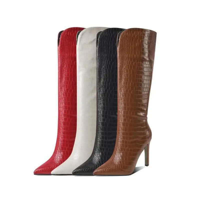 

Crocodile Grain Fashion Boots Women 2021 Spring Autumn Thin Heels Pointed Toe Knee High Boots Sleeve Boots Solid Botines Mujer