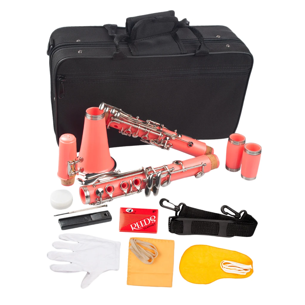 B Clarinet, With 17 Keys, PVC Plastic Bb Flat Clarinet Set, Incl. Bag, Cork Grease, Cleaning Cloth, Mouthpiece, Strap - Pink B Clarinet, With 17 Keys, PVC Plastic Bb Flat Clarinet Set, Incl. Bag, Cork Grease, Cleaning Cloth, Mouthpiece, Strap - Pink