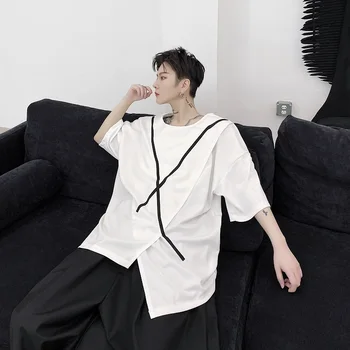 

Male Women Japan Karajuku Streetwear Hip Hop Gothic Loose Tee Shirt Men Ribbon Asymmetry Hem Short Sleeve Casual T-shirt