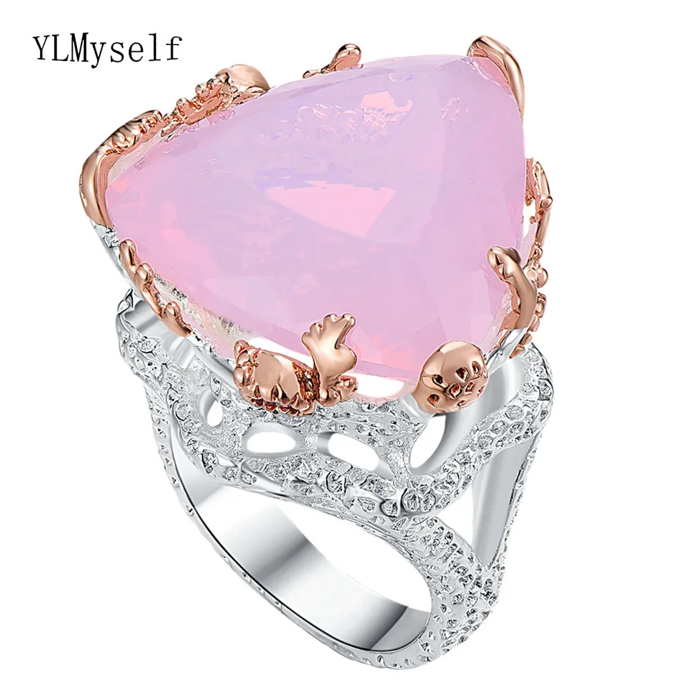 

Triangle Matt-Pink Crystal Zircon Ring By 2 Tone Plating Beautiful Plant Design Brass Jewellery Women's Jewelry Cocktail rings