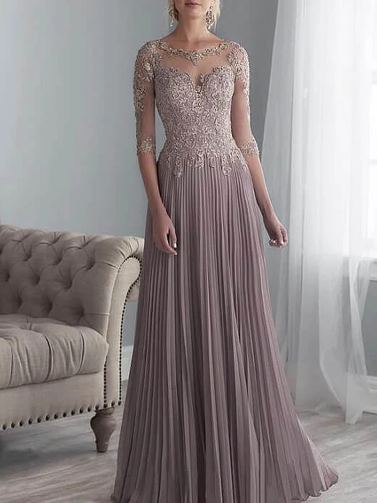 Vestido De Madrinha Beaded Lace Mother of The Bride Dresses Plus Size 2020 Chiffon Half Sleeves Evening Dress For Wedding Gift (2)