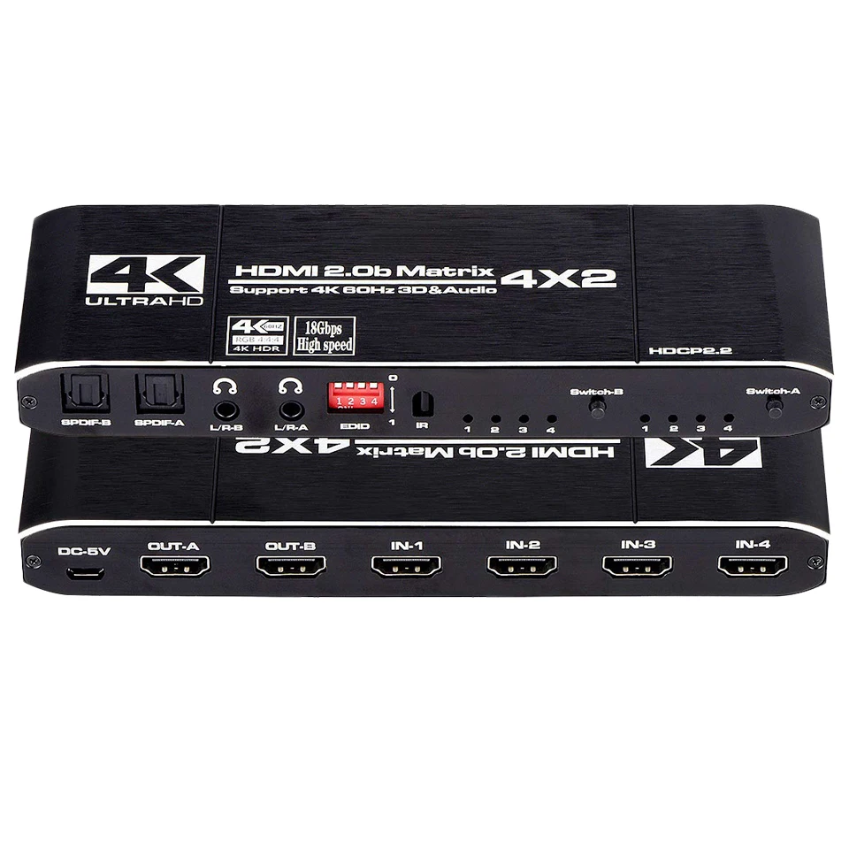 18.5 Gbps HDMI Matrix 4x2 4K@60Hz HDMI Switch Splitter with SPDIF and L/R 3.5mm HDR HDMI Switch 4x2 Support HDCP 2.2 3D
18.5 Gbps HDMI Matrix 4x2 4K@60Hz HDMI Switch Splitter with SPDIF and L/R 3.5mm HDR HDMI Switch 4x2 Support HDCP 2.2 3D