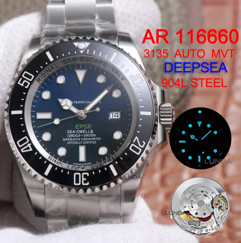 

Best Edition AR V2 904L Steel 44mm Sea-Dweller Black Ceramic Bezel Deep Blue Dial Eta Cal 3135 116660 Automatic Mens Watch