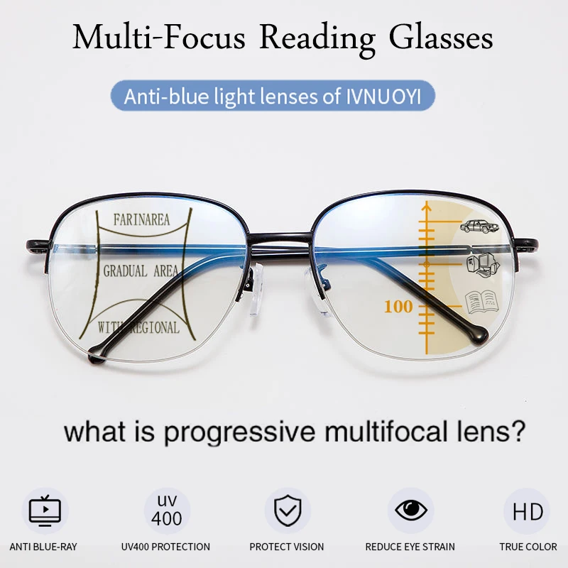 

2021 металлические титановые многофокальные очки для чтения для мужчин и женщин, прогрессивные очки с защитой от синего излучения и УФ-лучей, очки для дальнозоркости с полуободковой оправой