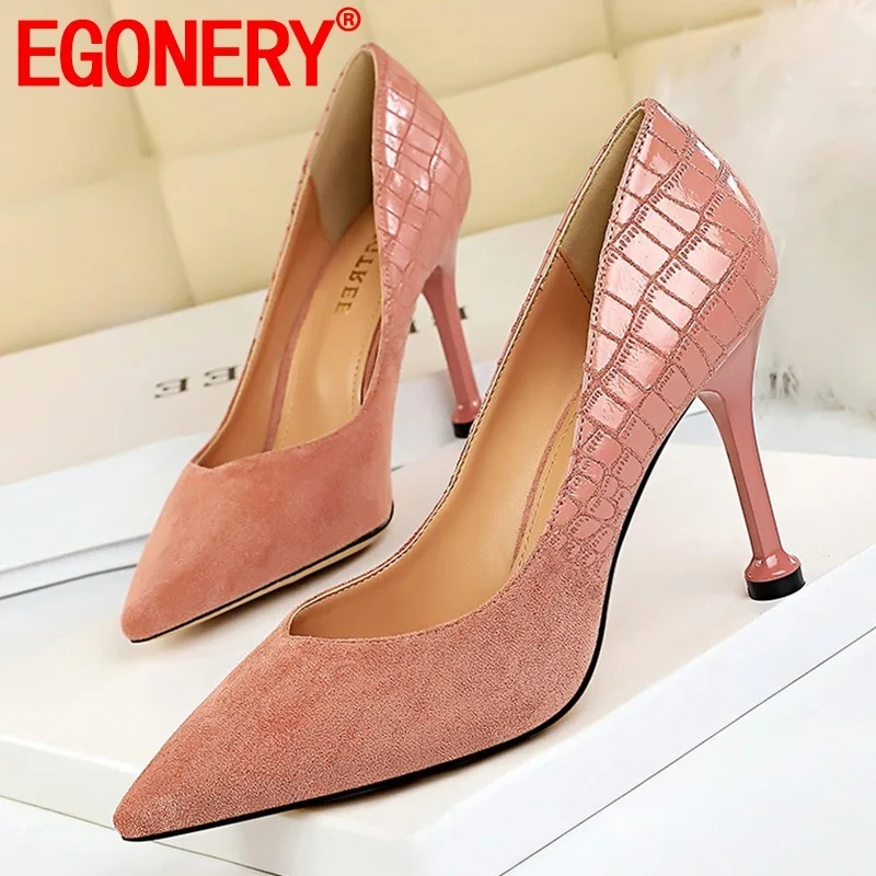 

EGONERY spring newest work women pumps outside high heels fashion sexy flock pointed toe women shoes drop shipping size 34-40