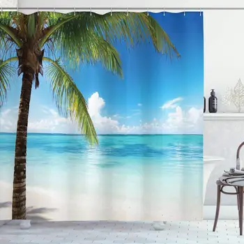 Ocean Shower Curtain, Exotic Beach Water and Palm Tree by The Shore with Clear Sky Landscape Image Fabric Bathroom Decor Set
Ocean Shower Curtain, Exotic Beach Water and Palm Tree by The Shore with Clear Sky Landscape Image Fabric Bathroom Decor Set