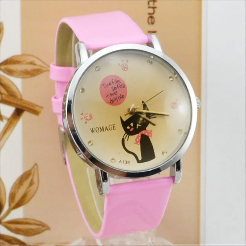Часы женские кварцевые с котом, повседневные розовые наручные, с кожаным ремешком 
Часы женские кварцевые с котом, повседневные розовые наручные, с кожаным ремешком