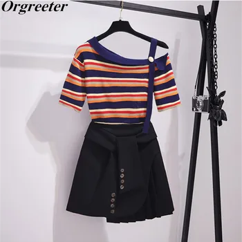 Slash neck off-shoulder Knited Tops 2 piece set Women One Button Colored Stripes Thin Sweater + Cross straps Pleated Skirts Sets
Slash neck off-shoulder Knited Tops 2 piece set Women One Button Colored Stripes Thin Sweater + Cross straps Pleated Skirts Sets