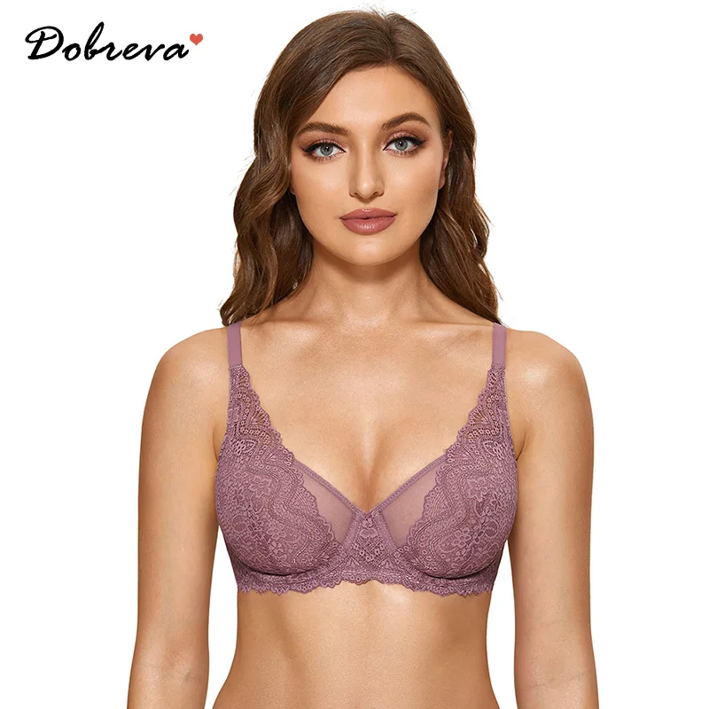 

DOBREVA Women's Minimizer Lace See Through Mesh Bra Sexy Plus Size Underwire Full Coverage Floral Sheer Bralette
