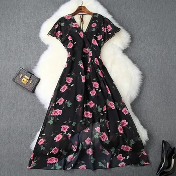 Summer Beach Holiday Lady V Neck Ruffles Sleeves Chiffon Printed Floral Asymmetrical Hem Black Women Maxi Long Dresses
Summer Beach Holiday Lady V Neck Ruffles Sleeves Chiffon Printed Floral Asymmetrical Hem Black Women Maxi Long Dresses