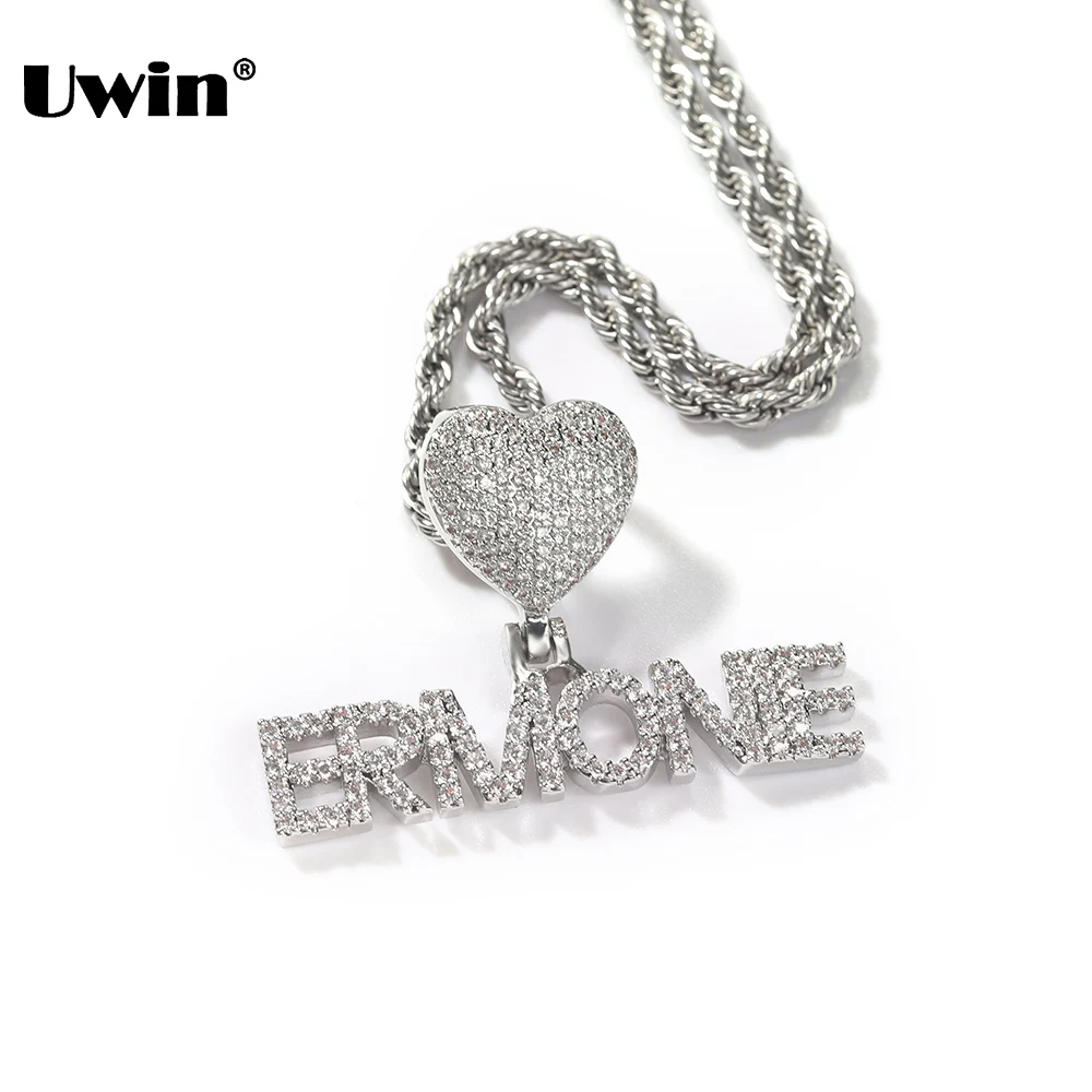 

UWIN Custom Mini Letters Necklace Heart Bezel Name Personalized Pendent with Tennis Chain Iced Out CZ Fashion Hiphop Jewelry