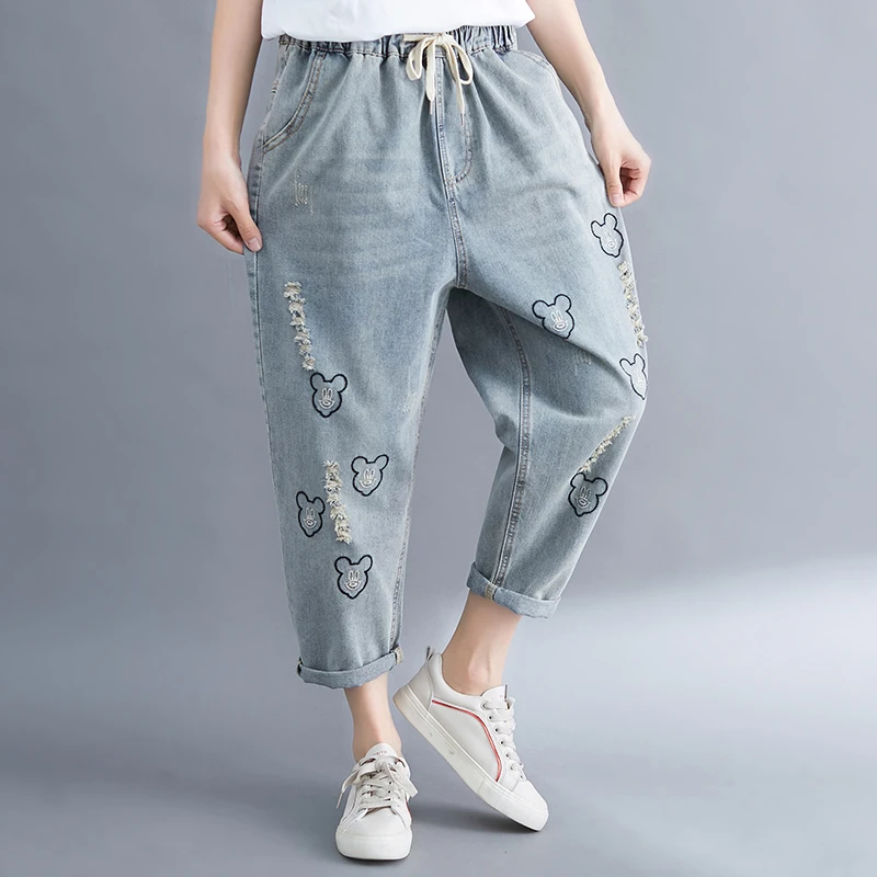 elastic waist boyfriend jeans woman plus size loose casual denim mom jeans vaqueros mujer haren pants 
elastic waist boyfriend jeans woman plus size loose casual denim mom jeans vaqueros mujer haren pants