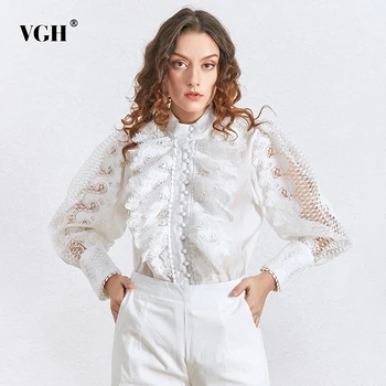 VGH Casual Hollow Out Women Shirt Stand Collar Lantern Long Sleeve Loose Patchwork Lace Ruffles Blouse For Female Fashion Tide
VGH Casual Hollow Out Women Shirt Stand Collar Lantern Long Sleeve Loose Patchwork Lace Ruffles Blouse For Female Fashion Tide