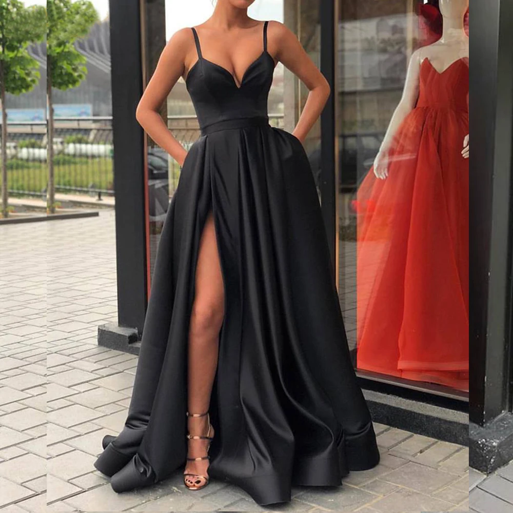 Spaghetti Strap Royal Blue Evening Dress 2020 Newest Shiny Soft Satin Sexy High Slit Formal Party Dress Horse Hem Prom Dress (3)
