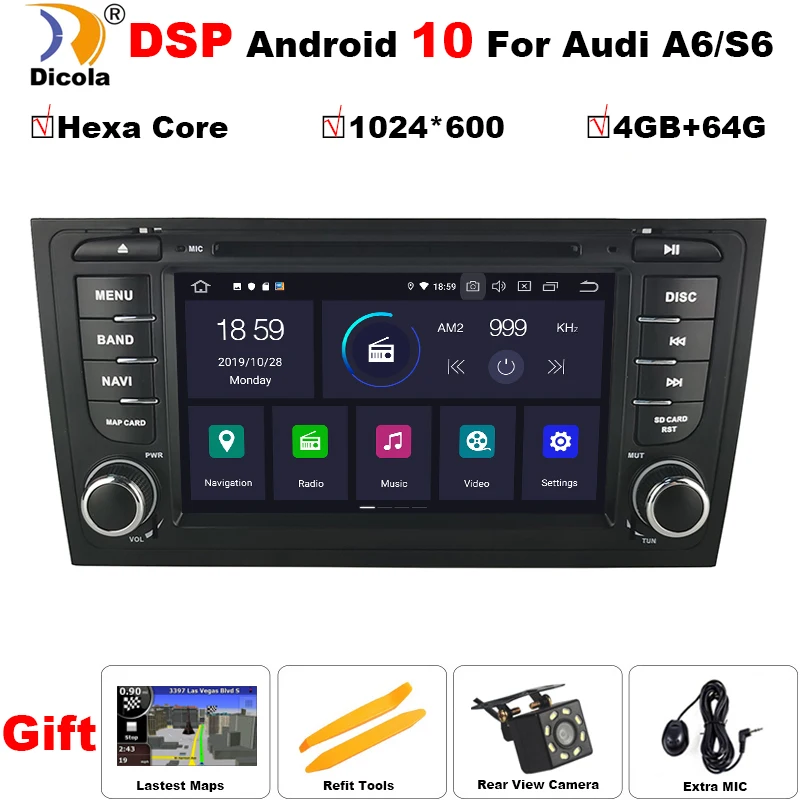 Автомобильный DVD-плеер DSP Android 10 4 + 64 Гб 2 DIN для AUDI A6 RS6 1997-2004 S6 1997 GPS радио