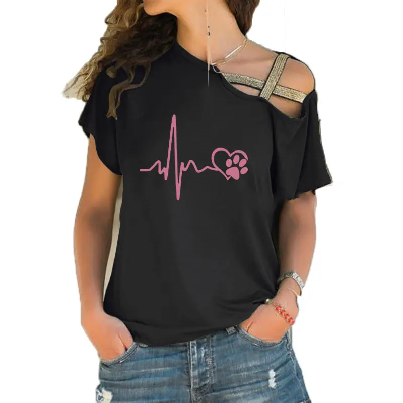 

Heartbeat Lifeline And Paw Cat Dog Heart love print girl T Shirt Women Short Sleeve T-shirt Irregular Skew Cross Bandage Tee Top