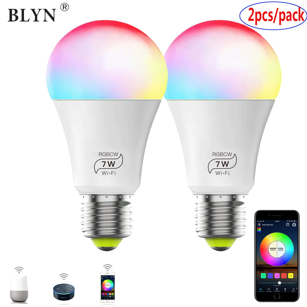 2 шт. светодиодной wifi смарт-лампы e27 a19 e26 ac110v 220v 7W rgb цветовая температура лампы