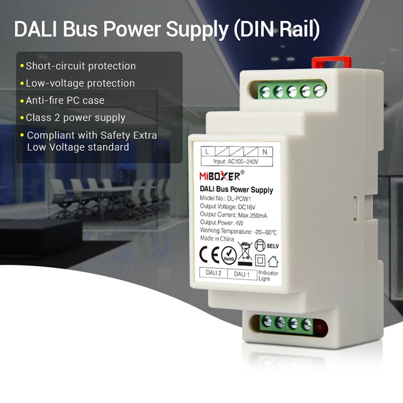 

led downlight Miboxer DIN Rail DALI Bus Power Supply DL-POW1 DC16V 4W Max250mA led transformer for AC 110V 220V DALI RGB CCT