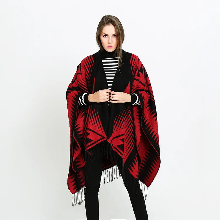 

2019 new fashion Christmas Women's Batwing Tassels Poncho Cape Winter Knit Thick Tartan Cloak Coat Shawl Scarf Red cashmere gift