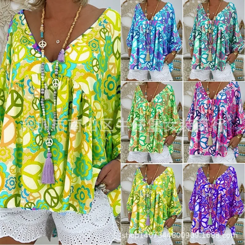 2019 autumn new large size ladies print V-neck shirt lantern sleeve ladies blouse
2019 autumn new large size ladies print V-neck shirt lantern sleeve ladies blouse