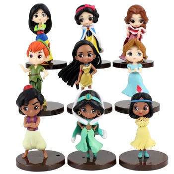 

9pcs/set Q Posket Figure Toy Princess Snow White Belle Mulan Aladdin Peter Pan Sleeping Beauty PVC Model Lovely Cartoon Figurine