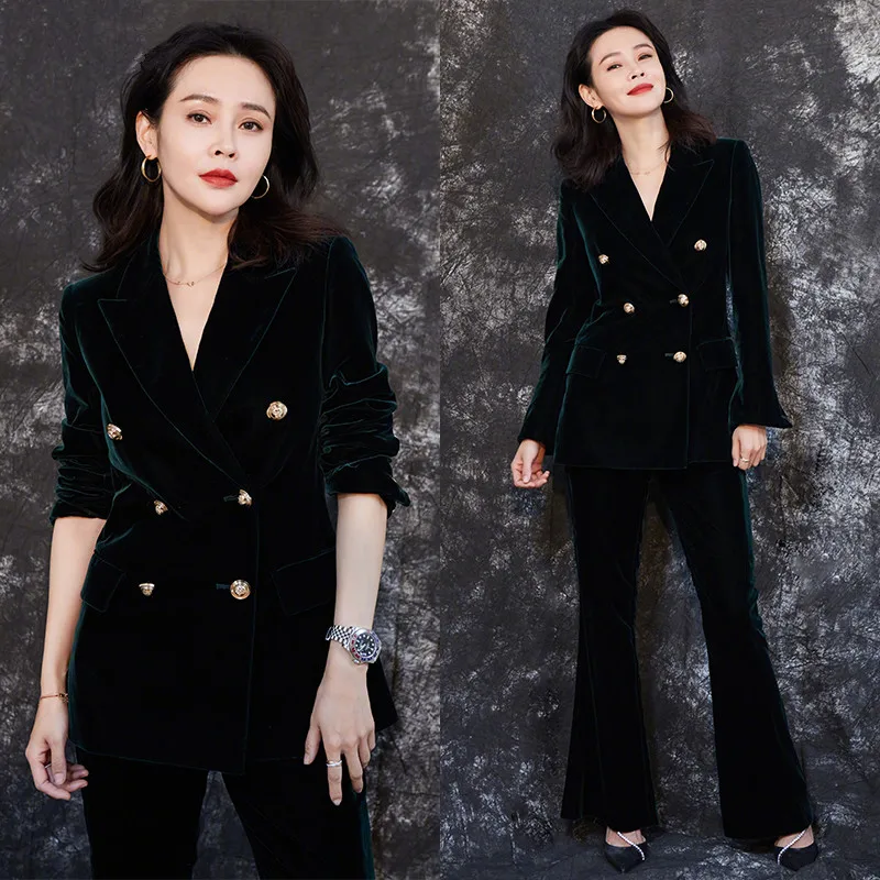 Velvet women's pants suits office lady two-piece women's pants suit double-breasted blazers high-waist flared pants
Velvet women's pants suits office lady two-piece women's pants suit double-breasted blazers high-waist flared pants