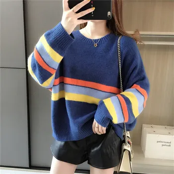 Loose sweater ladies lazy Korean version new foreign style Pullover net red striped knitted sweater ladies autumn winter tide 
Loose sweater ladies lazy Korean version new foreign style Pullover net red striped knitted sweater ladies autumn winter tide
