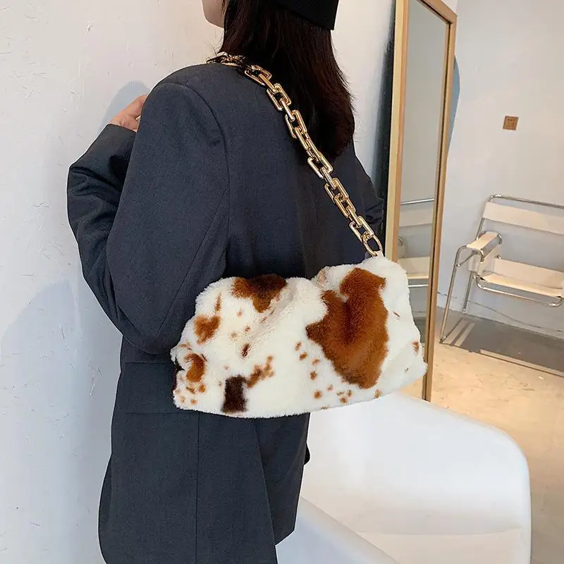 

Faux Fur Handbags Women Cow Pattern Plush Chain Shoulder Bag Female Fashion Cute Cloud Bags Girl Winter Shopper Pouch Clutch Bag