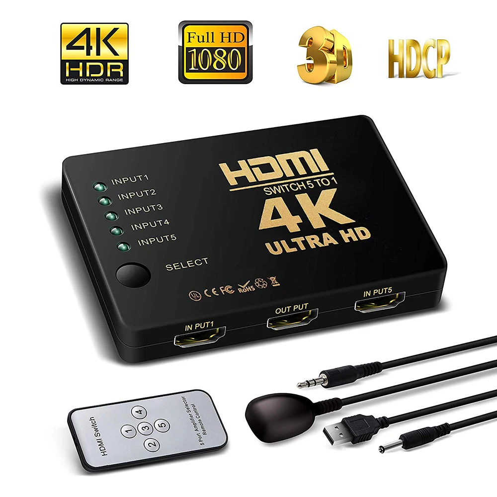 4K HD HDMI Splitter cable 1080P 5into Port Mini Switcher With IR Remote Controller Selector For HDTV DVD TV XBOX PS3/4 Z2 LAPTOP
4K HD HDMI Splitter cable 1080P 5into Port Mini Switcher With IR Remote Controller Selector For HDTV DVD TV XBOX PS3/4 Z2 LAPTOP