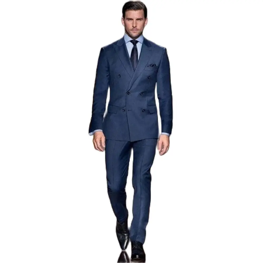

Men Suits Blue Double Breasted Peak Lapel Tuxedo Groom Wedding Prom Party Slim Fit Blazer 2 Pcs Suit Supply Color Size Bespoke