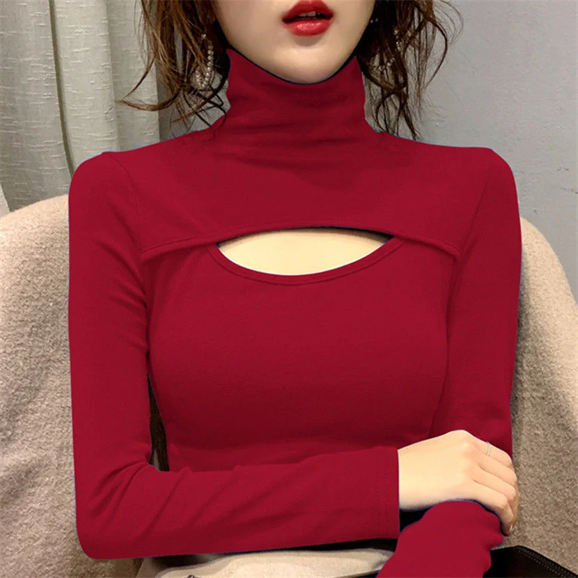 Autumn Winterlong Sleeve T-shirt New Top Sexy T Hollow Out High Neck Solid Color Bottoming Shirt Women Tshirt Slim Fit Korean
Autumn Winterlong Sleeve T-shirt New Top Sexy T Hollow Out High Neck Solid Color Bottoming Shirt Women Tshirt Slim Fit Korean