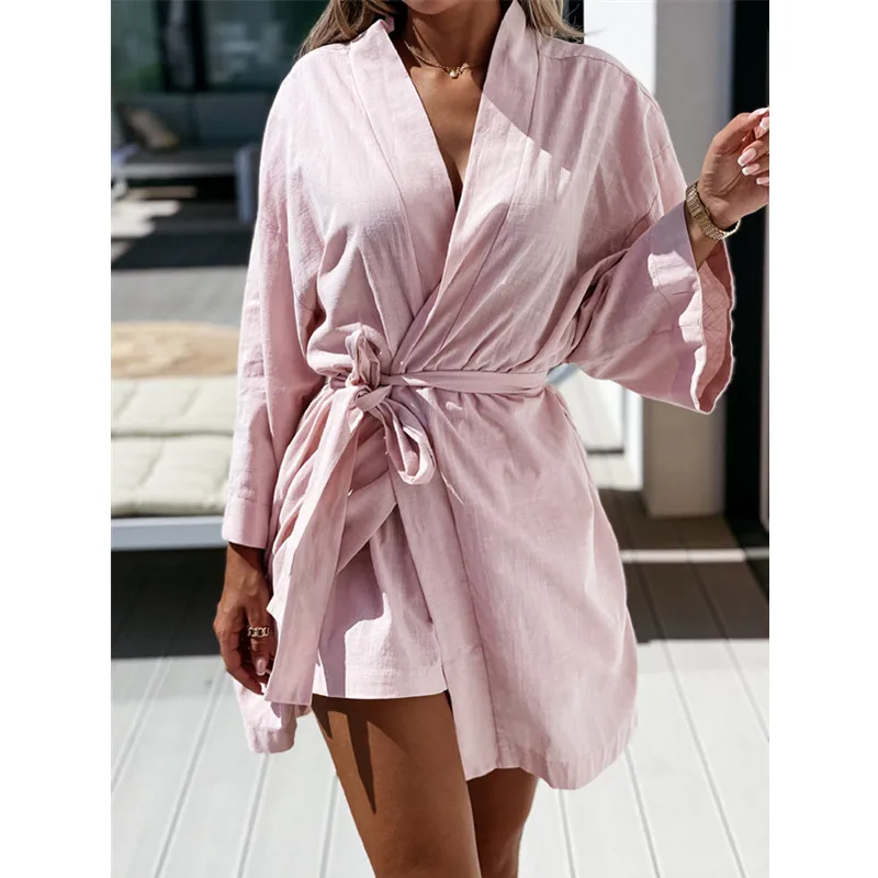 

Women Long Sleeve Office Shirt Dress Sexy V Neck Solid Dresses New Elegant Street Wear Slit Solid Color Lace Up Loose Maxi Dress