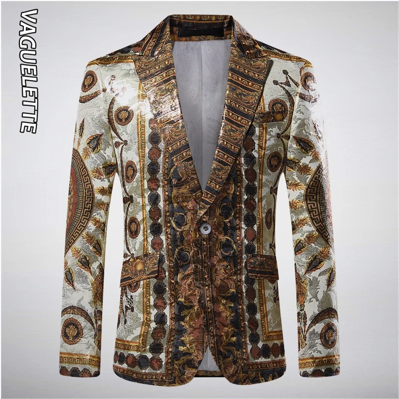 

VAGUELETTE Golden Blazer For Men Medusa Pattern Printed Luxury Stage Jacket For Men Slim Fit Wedding Party Night Club Wear Coat