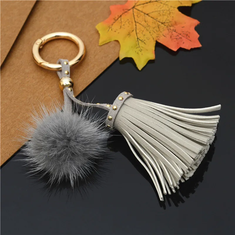 Фото Hot Sale PU Leather Tassels Key chains With Fur Ball pom keychain For Women Bag Car Pendant Keyrings Jewelry Holder | Украшения и