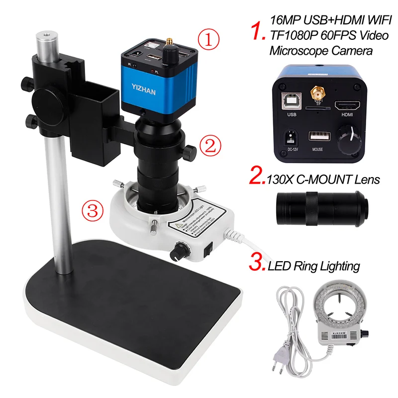 HD 16MP HDMI USB WIFI Digital Electronic Video Microscope Camera+ 130X C mount lens + LED Ring Light + Stand Holder For repair
HD 16MP HDMI USB WIFI Digital Electronic Video Microscope Camera+ 130X C mount lens + LED Ring Light + Stand Holder For repair