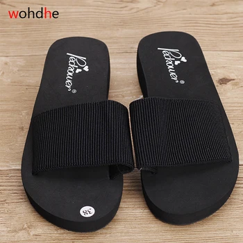 

wohdhe 3cm Elastic Fabric Slippers Cotton Medium Heels Slides Beach Shales Platform Casual Women Summer Sandals Big Plus Size