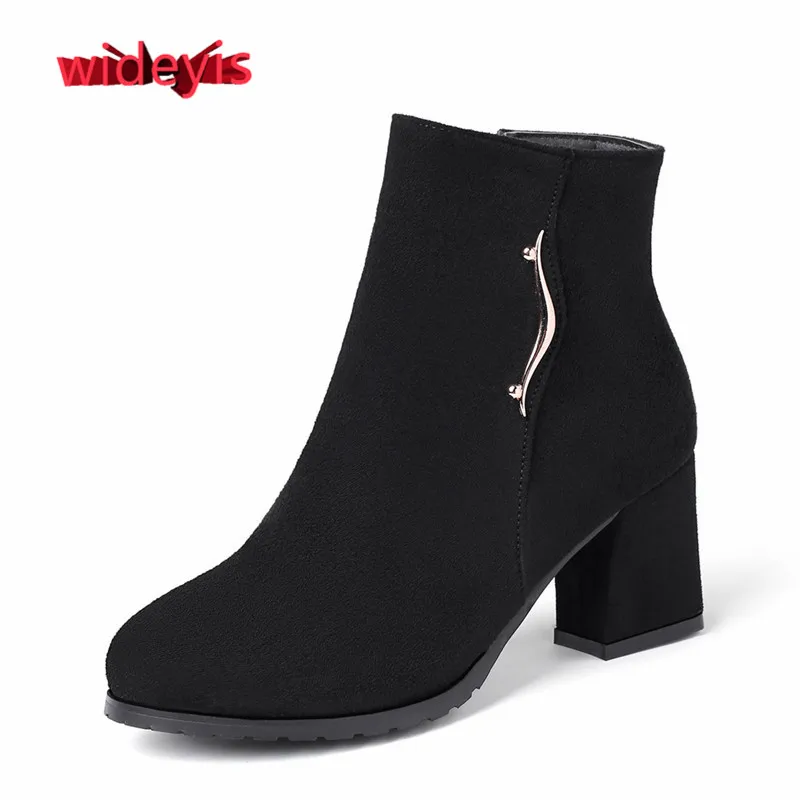 

Shoes woman WIDEYIS senior suede matte leather winter boots women's fashion round head ankle boots metal decorative daily boots