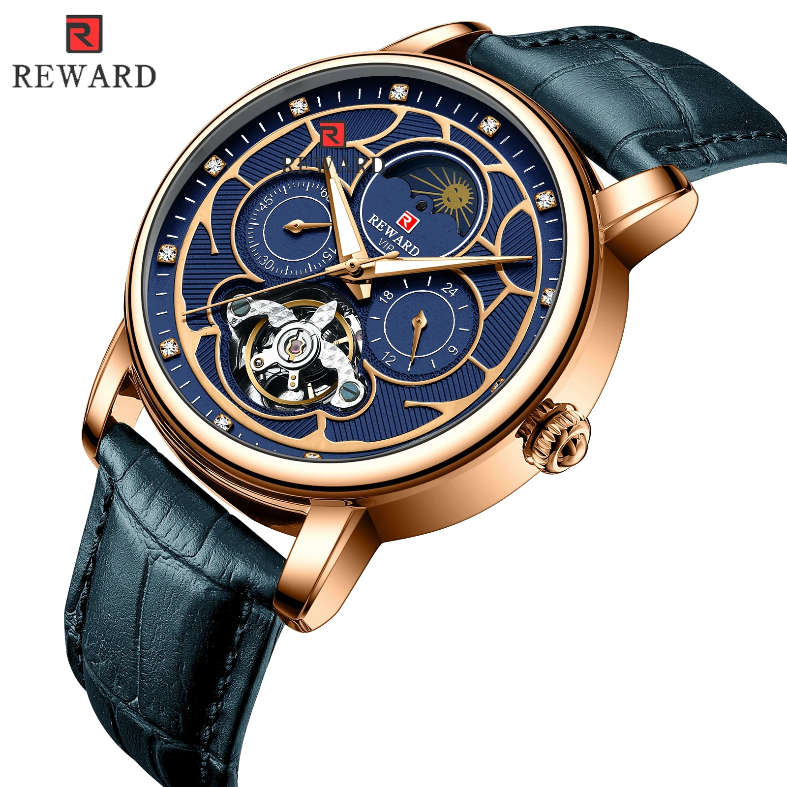 

REWARD Automatic Man Mechanical Waterproof Watches Self Winding Skeleton Men Business Watch Moon Plase Relojes Para Hombres 2021