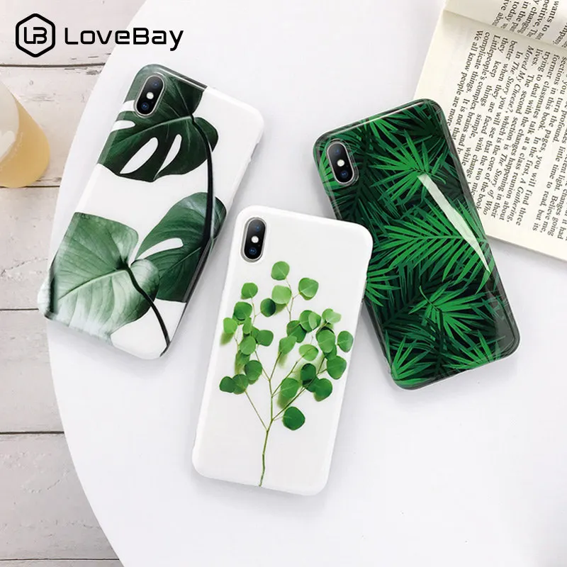 

Lovebay Banana Leaf Phone Case For iPhone X XS XR XS Max 8 7 6 6s Plus 10 Glossy Leaves Cases Soft IMD Silicone Back Cover Coque