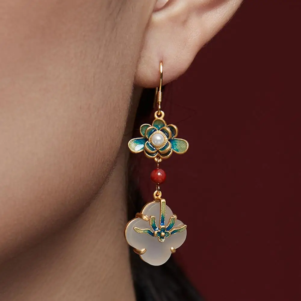 

HOYON Ancient Gilt Craftsmanship Oriental Classical Painted Enamel Earrings Lotus Tassels White Jade Earrings