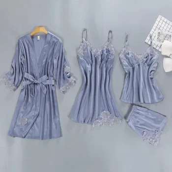 Spring Autumn Women Silk Pajamas Sets with Chest Pads Flower Pijama Sleepwear 4 Pieces Satin Pyjamas Home Clothes Pjs Set 2020
Spring Autumn Women Silk Pajamas Sets with Chest Pads Flower Pijama Sleepwear 4 Pieces Satin Pyjamas Home Clothes Pjs Set 2020