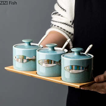 3Pcs/Set Ceramic Jar Salt Pepper Cans with Spoon Wood Tray Spices Storage Canister Painted Fish Porcelain Jars Kitchenware
3Pcs/Set Ceramic Jar Salt Pepper Cans with Spoon Wood Tray Spices Storage Canister Painted Fish Porcelain Jars Kitchenware
